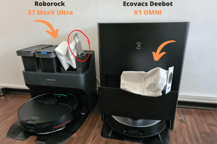 Пылесборники Roborock S7 MaxV Ultra и Ecovacs Deebot X1 OMNI Station на снимке крупным планом